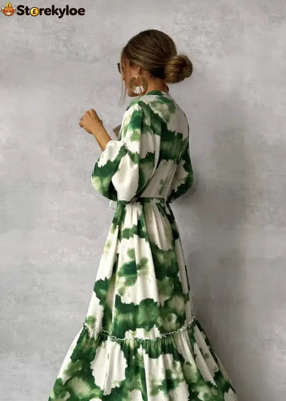Green Long Sleeve V-Neck Maxi Dress
