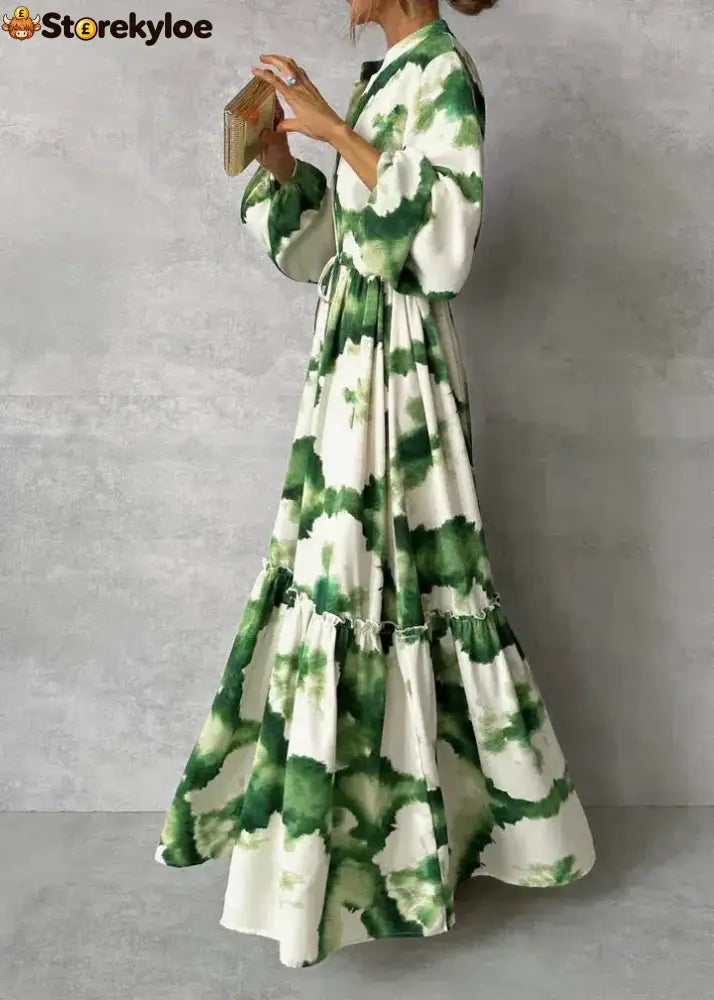 Green Long Sleeve V-Neck Maxi Dress
