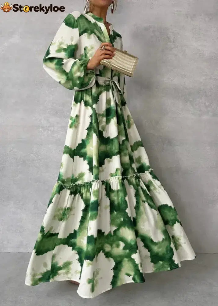 Green Long Sleeve V-Neck Maxi Dress