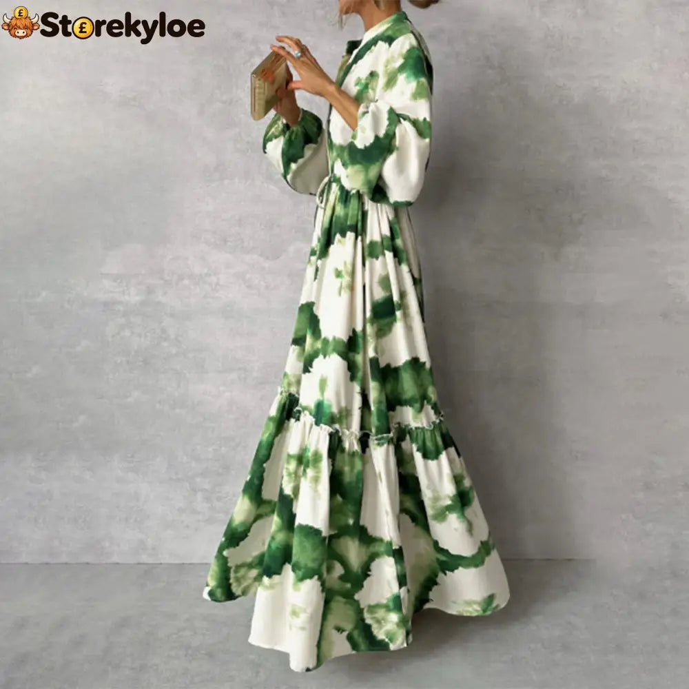 Green Long Sleeve V-Neck Maxi Dress - Green / S