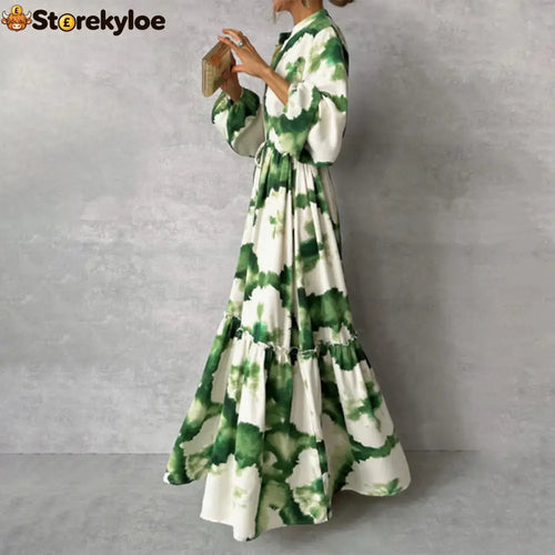 Green Long Sleeve V-Neck Maxi Dress - Green / S