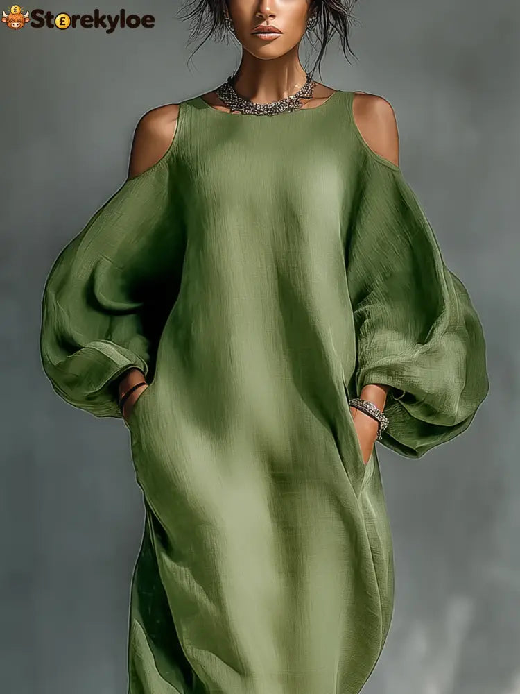 Green Off-shoulder Oversized Puff Sleeve Maxi Dress