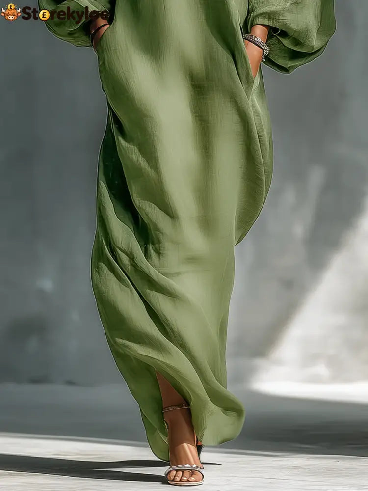 Green Off-shoulder Oversized Puff Sleeve Maxi Dress