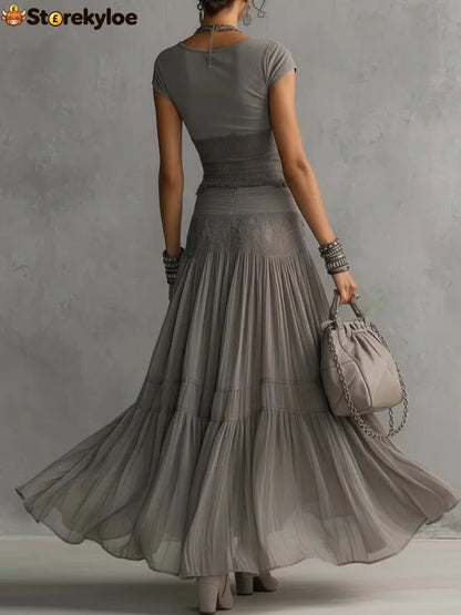 Grey Sheer Lace-Paneled Top and Pleated Maxi Skirt Set