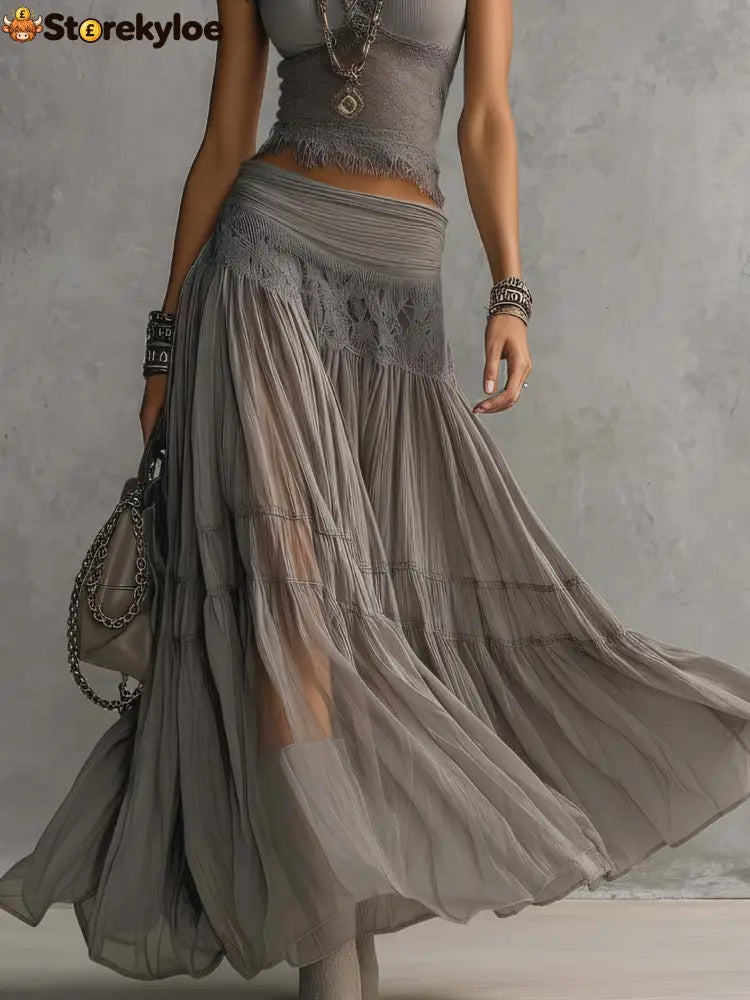 Grey Sheer Lace-Paneled Top and Pleated Maxi Skirt Set