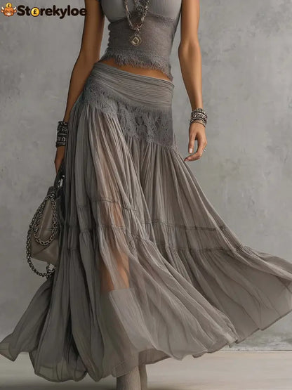 Grey Sheer Lace-Paneled Top and Pleated Maxi Skirt Set