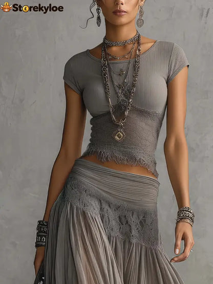 Grey Sheer Lace-Paneled Top and Pleated Maxi Skirt Set
