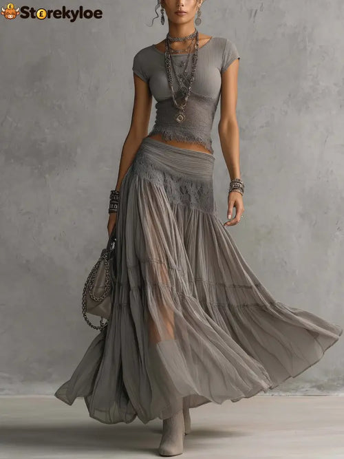 Grey Sheer Lace-Paneled Top and Pleated Maxi Skirt Set - Grey / XS(2)