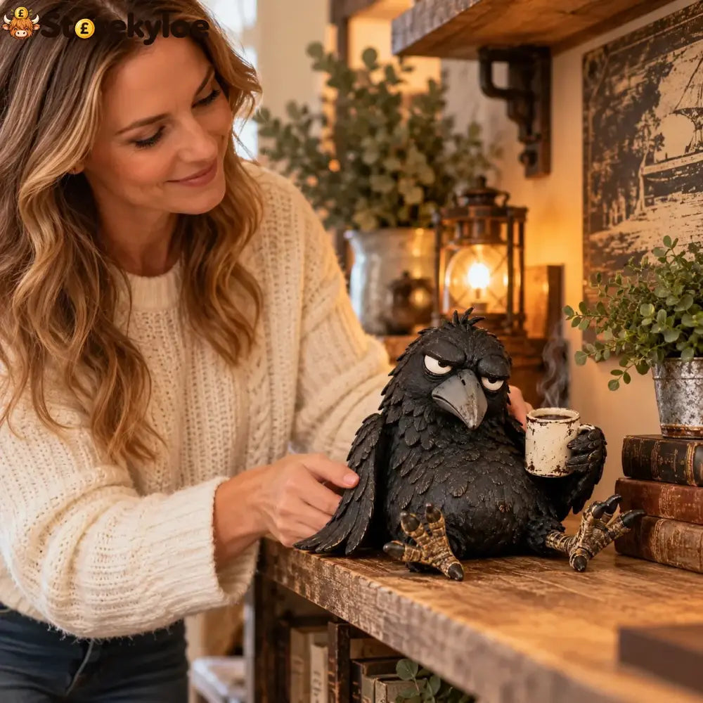 Grumpy Coffee Raven Figurine – “not Yet” Funny Morning Decor