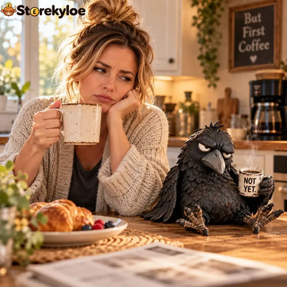 Grumpy Coffee Raven Figurine – “not Yet” Funny Morning Decor