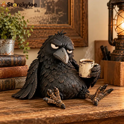 Grumpy Coffee Raven Figurine – “not Yet” Funny Morning Decor - Coffee Crow