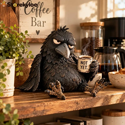 Grumpy Coffee Raven Figurine – “not Yet” Funny Morning Decor - Not yet. Coffee Crow.
