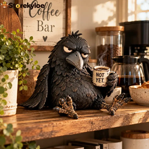 Grumpy Coffee Raven Figurine – “not Yet” Funny Morning Decor - Not yet. Coffee Crow.