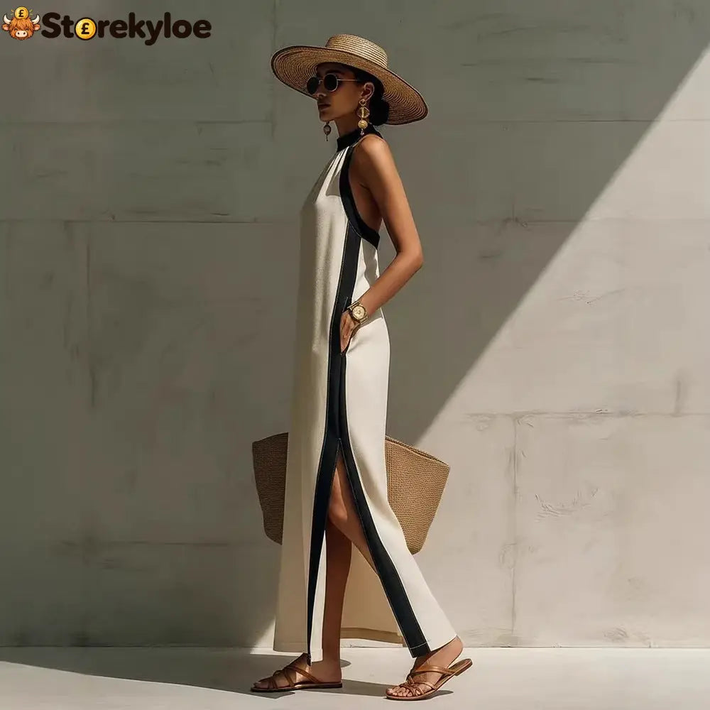Halter Neck Contrast Trim Maxi Dress