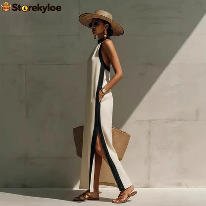 Halter Neck Contrast Trim Maxi Dress