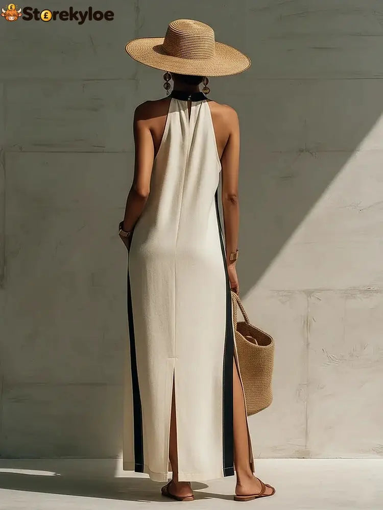 Halter Neck Contrast Trim Maxi Dress
