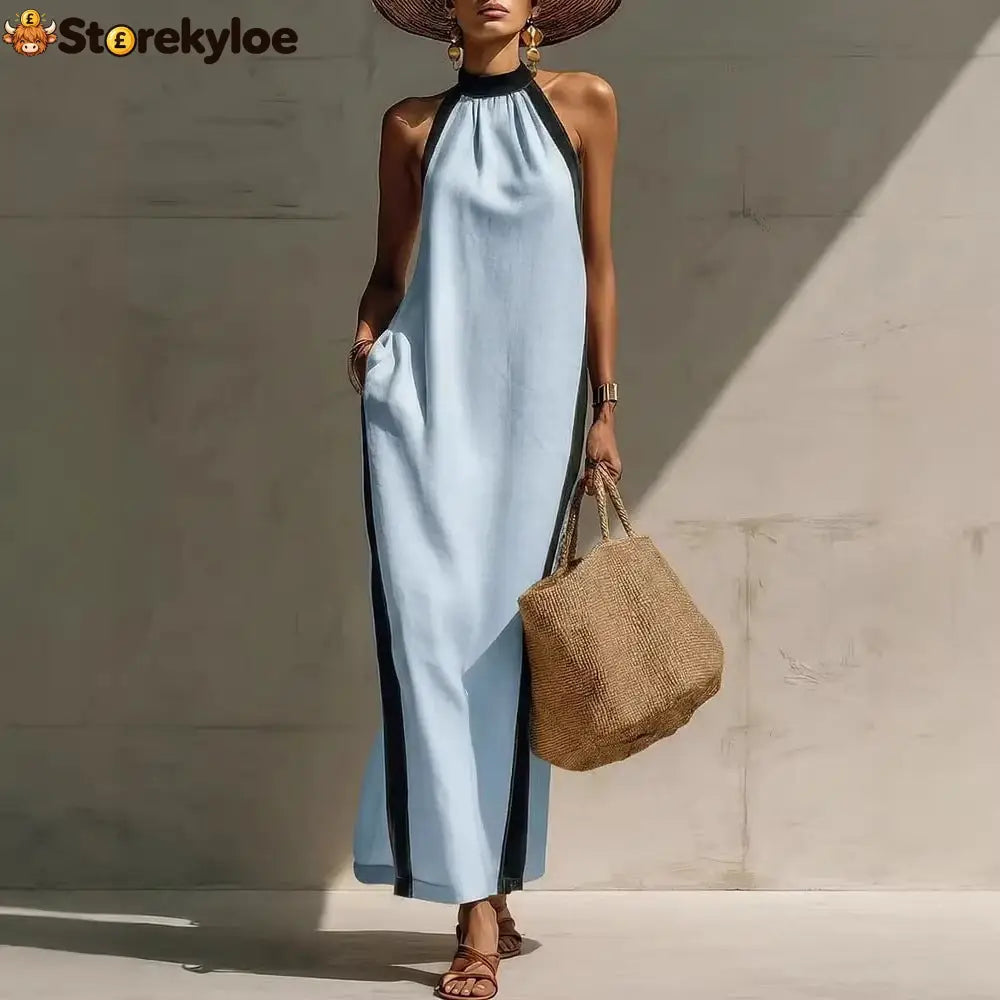 Halter Neck Contrast Trim Maxi Dress - Light blue / S