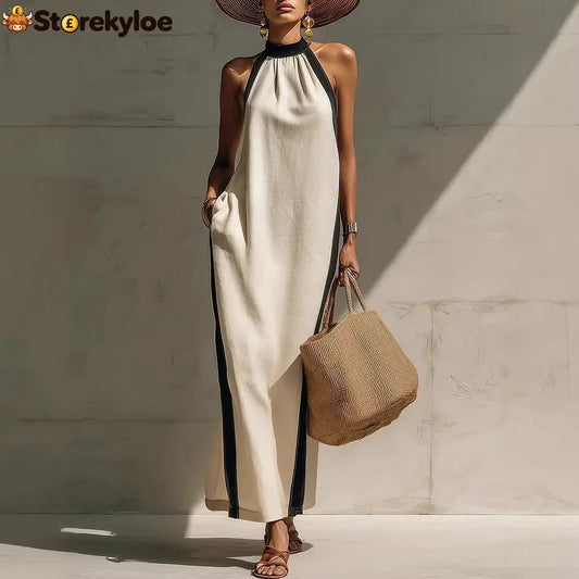 Halter Neck Contrast Trim Maxi Dress - White / S