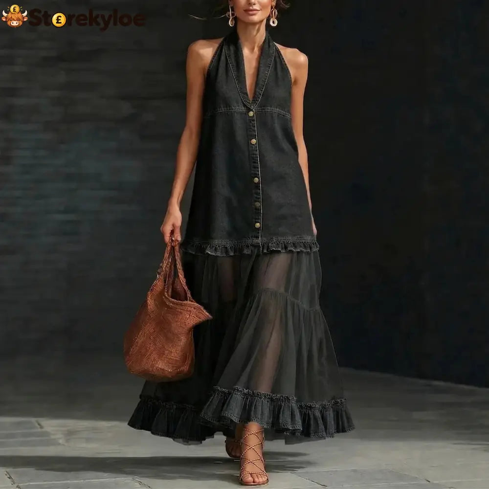 Halter Neck Denim & Tulle Tiered Maxi Dress