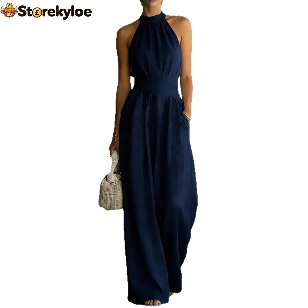 Halter Neck Linen-Blend Wide Leg Jumpsuit