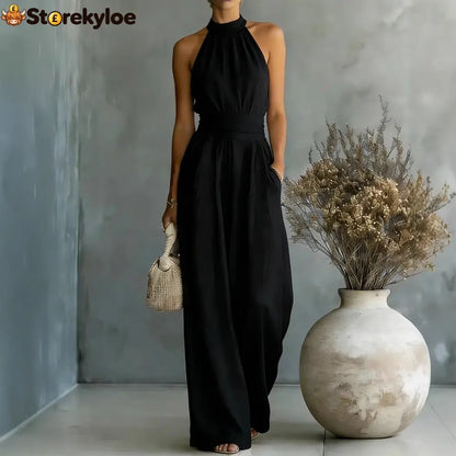 Halter Neck Linen-Blend Wide Leg Jumpsuit