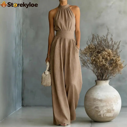 Halter Neck Linen-Blend Wide Leg Jumpsuit