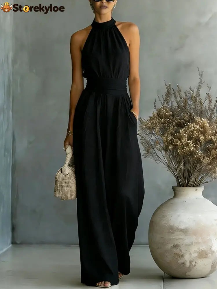 Halter Neck Linen-Blend Wide Leg Jumpsuit - Black / S