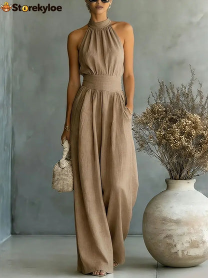 Halter Neck Linen-Blend Wide Leg Jumpsuit - Brown / S