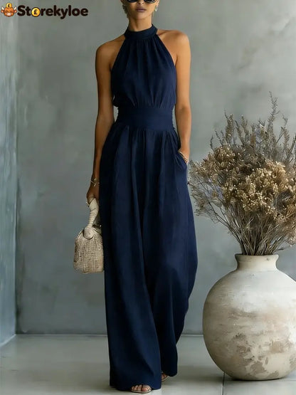 Halter Neck Linen-Blend Wide Leg Jumpsuit - Navy blue / S