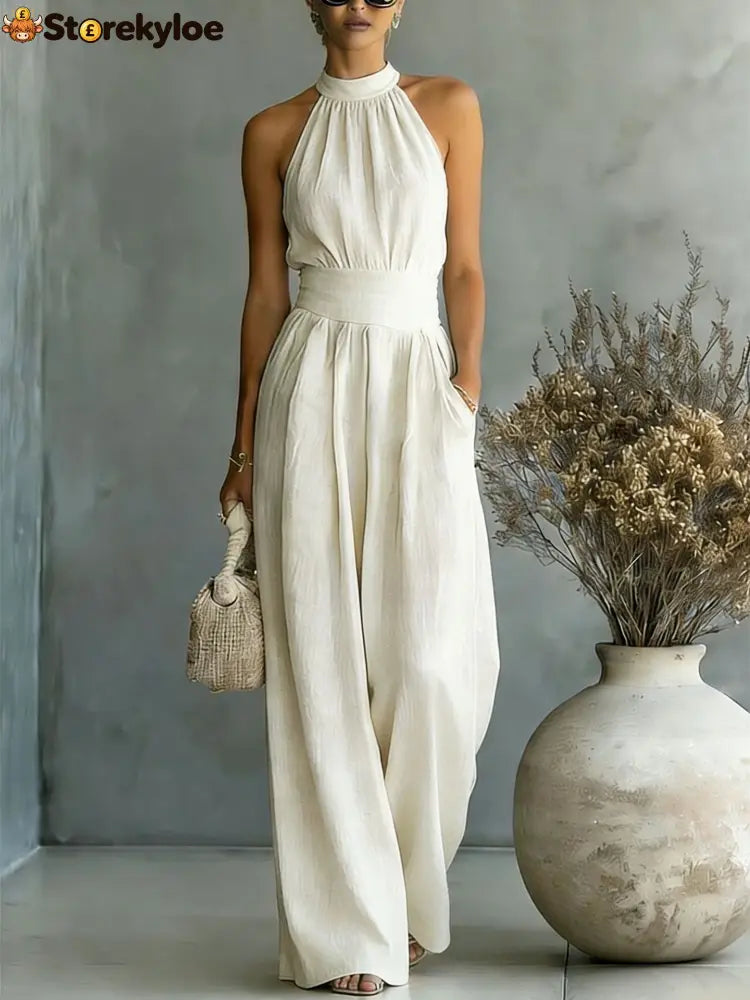 Halter Neck Linen-Blend Wide Leg Jumpsuit - Off white / S