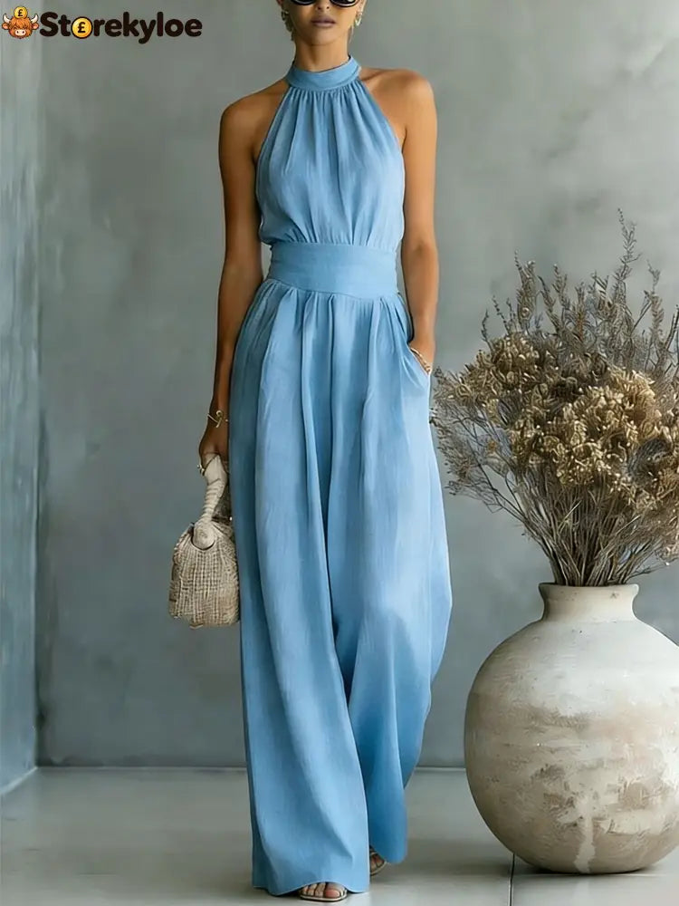 Halter Neck Linen-Blend Wide Leg Jumpsuit - Sky blue / S