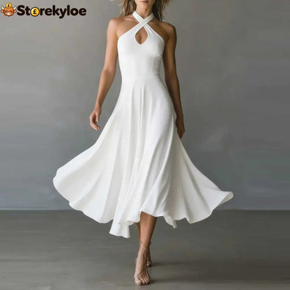 🌟 Halter Neck Sleeveless Midi Dress - White / S