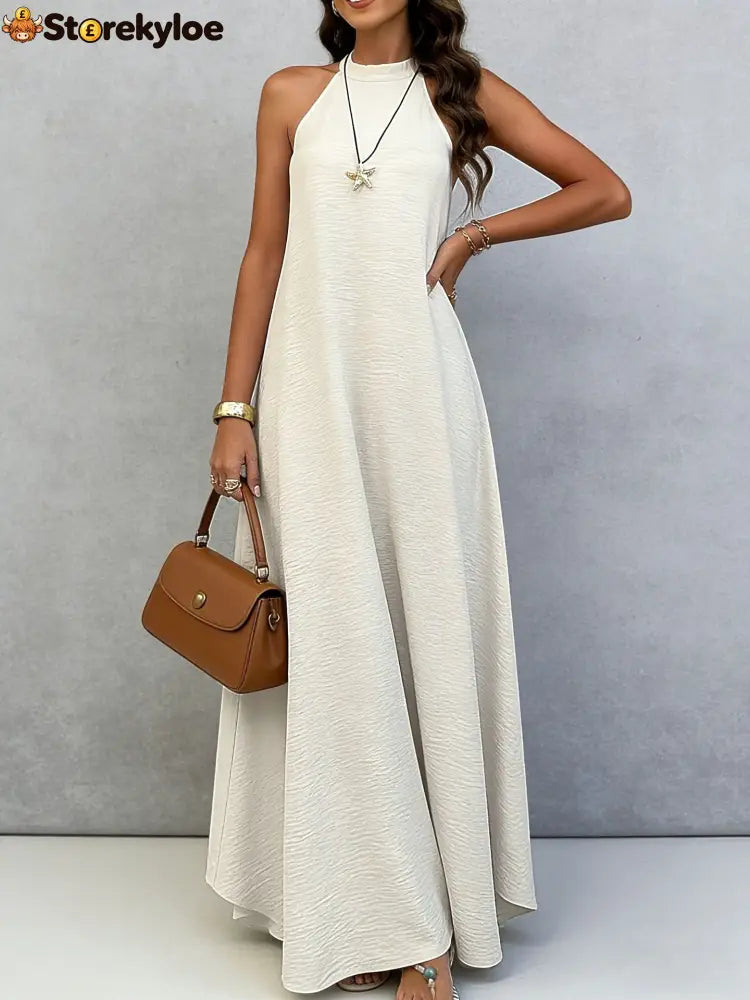 Halter Neck Tie-Back Maxi Dress - Apricot / S