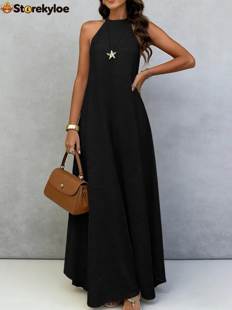 Halter Neck Tie-Back Maxi Dress - Black / S