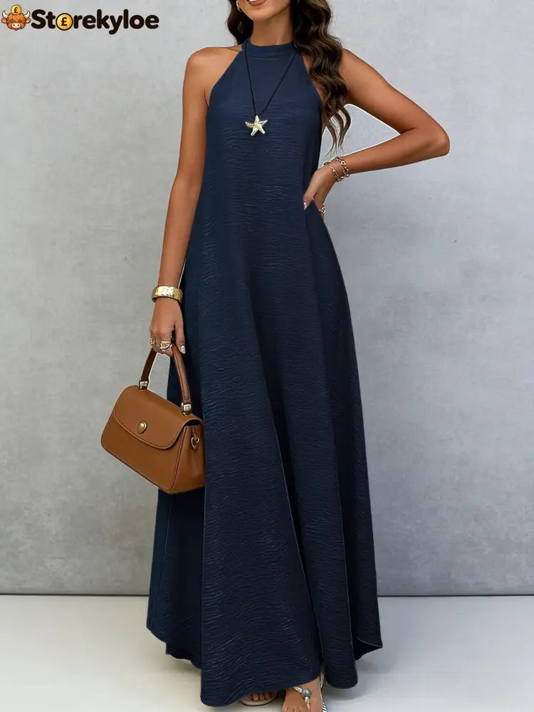 Halter Neck Tie-Back Maxi Dress - Navy blue / S