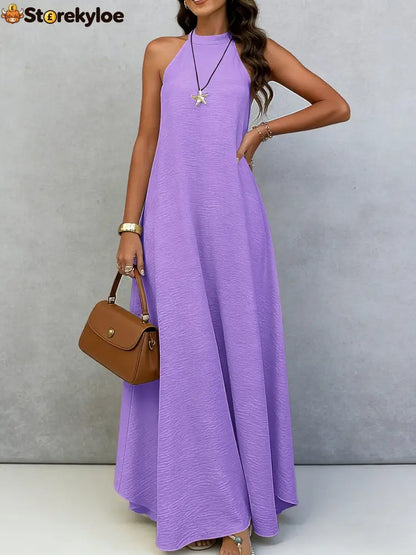 Halter Neck Tie-Back Maxi Dress - Purple / S