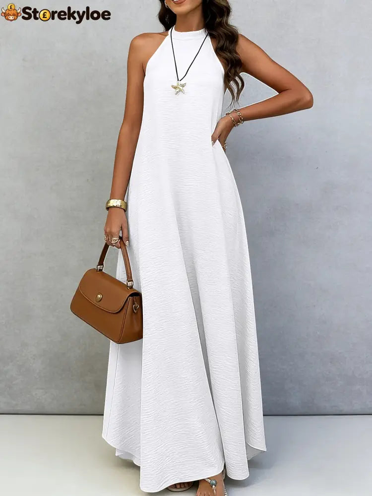 Halter Neck Tie-Back Maxi Dress - White / S