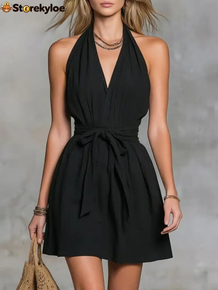Halter Neck V-Neck Waist Tie Casual Holiday Women’S Dress - Black / XS