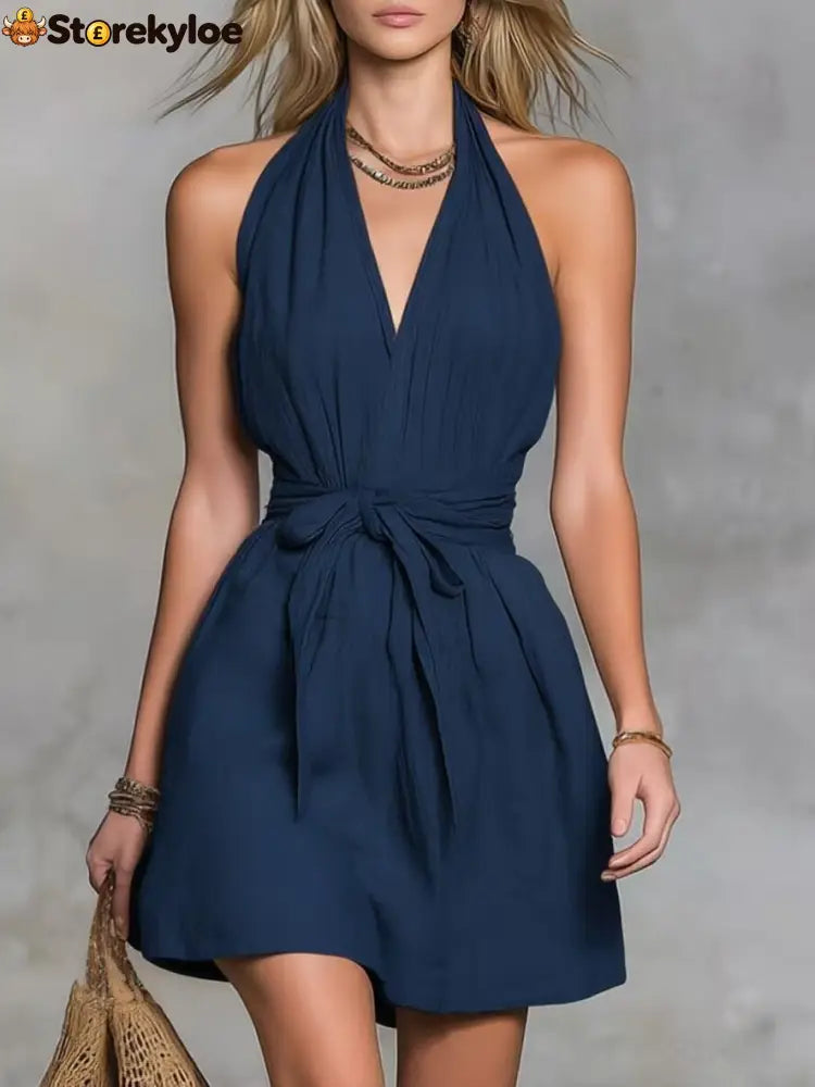Halter Neck V-Neck Waist Tie Casual Holiday Women’S Dress - Navy blue / XS