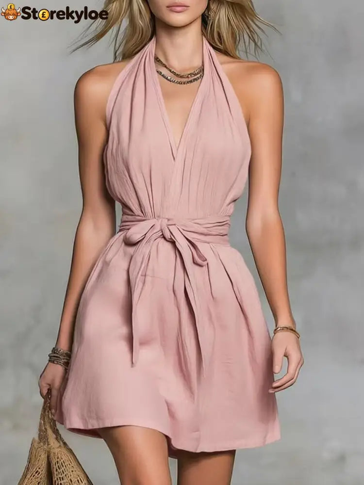 Halter Neck V-Neck Waist Tie Casual Holiday Women’S Dress - Pink / XS