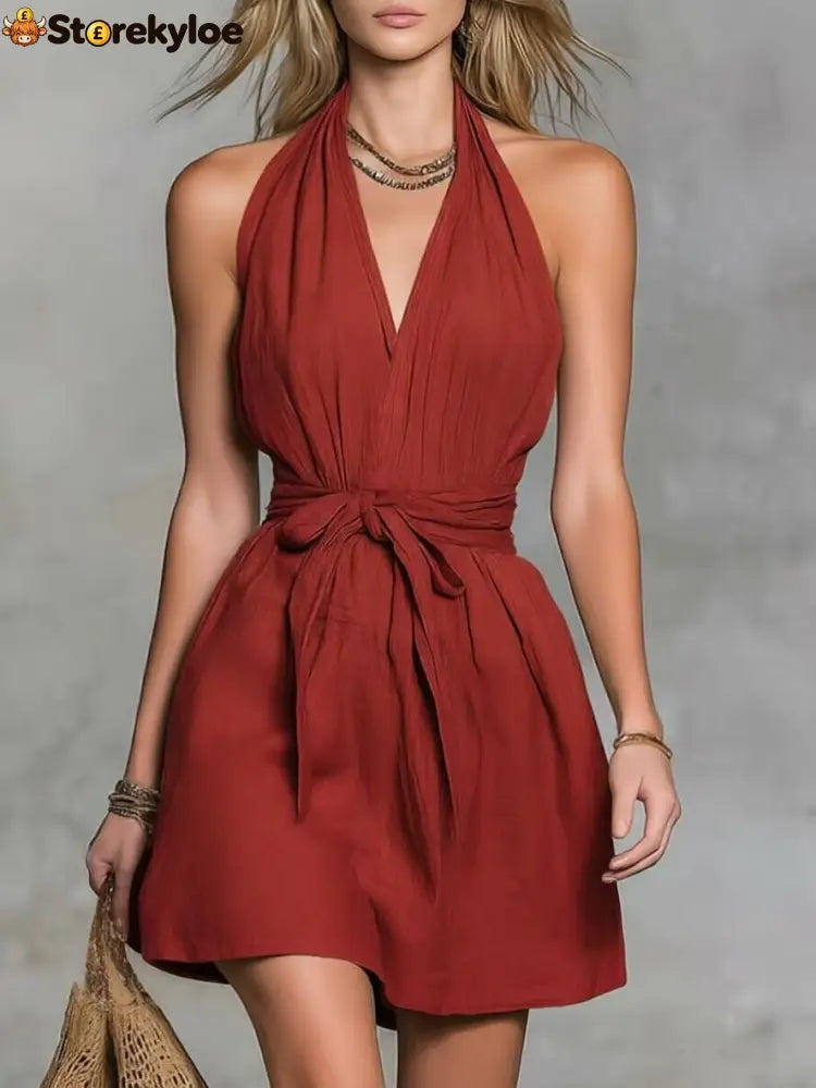 Halter Neck V-Neck Waist Tie Casual Holiday Women’S Dress - Red / XS