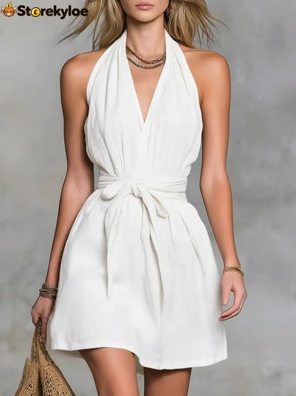 Halter Neck V-Neck Waist Tie Casual Holiday Women’S Dress - White / XS