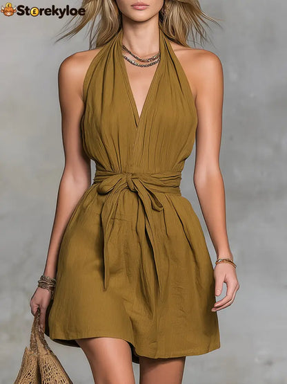 Halter Neck V-Neck Waist Tie Casual Holiday Women’S Dress - Yellow-green / XS