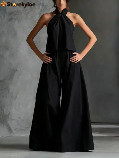 Halter Neck Wide-Leg Two-Piece Formal Set - Black / S