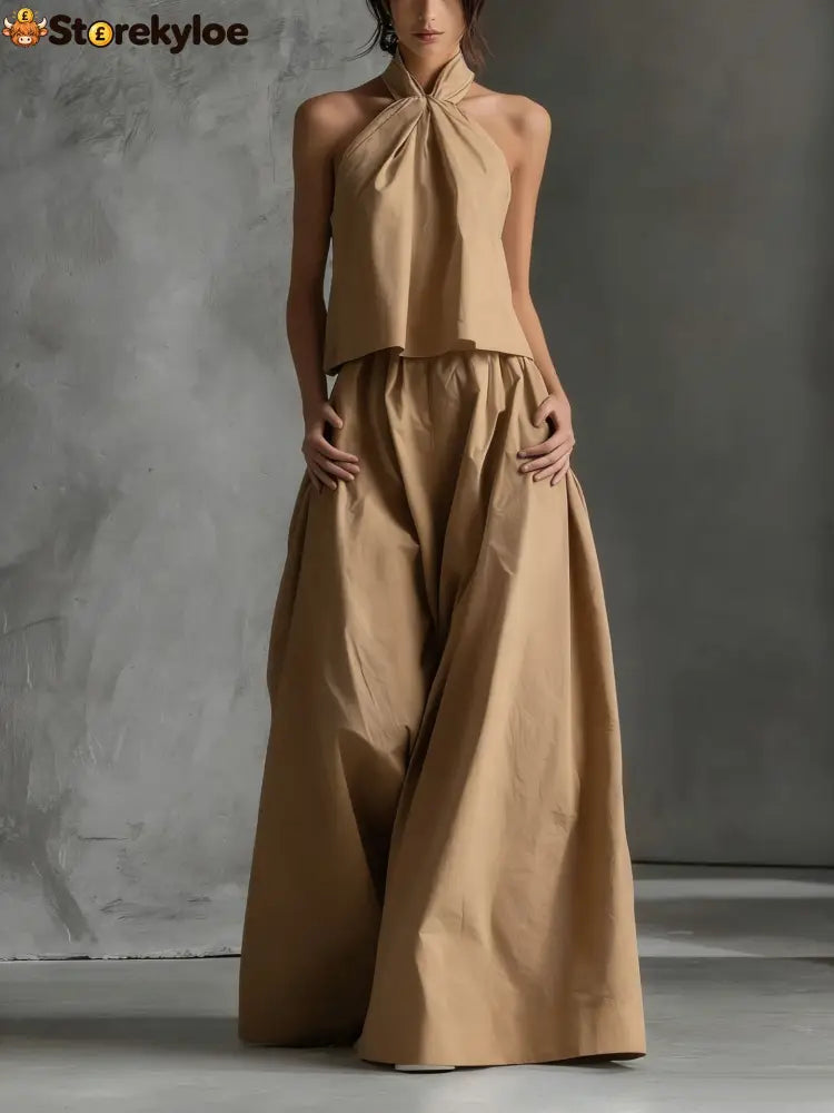 Halter Neck Wide-Leg Two-Piece Formal Set - Khaki / S