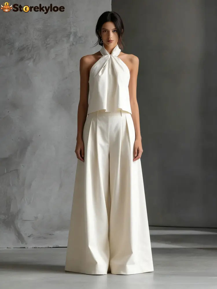 Halter Neck Wide-Leg Two-Piece Formal Set - Off white / S