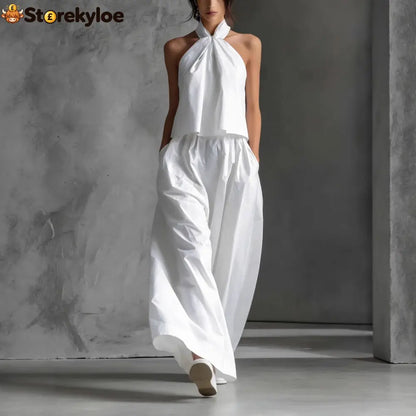 Halter Neck Wide-Leg Two-Piece Formal Set - White / S