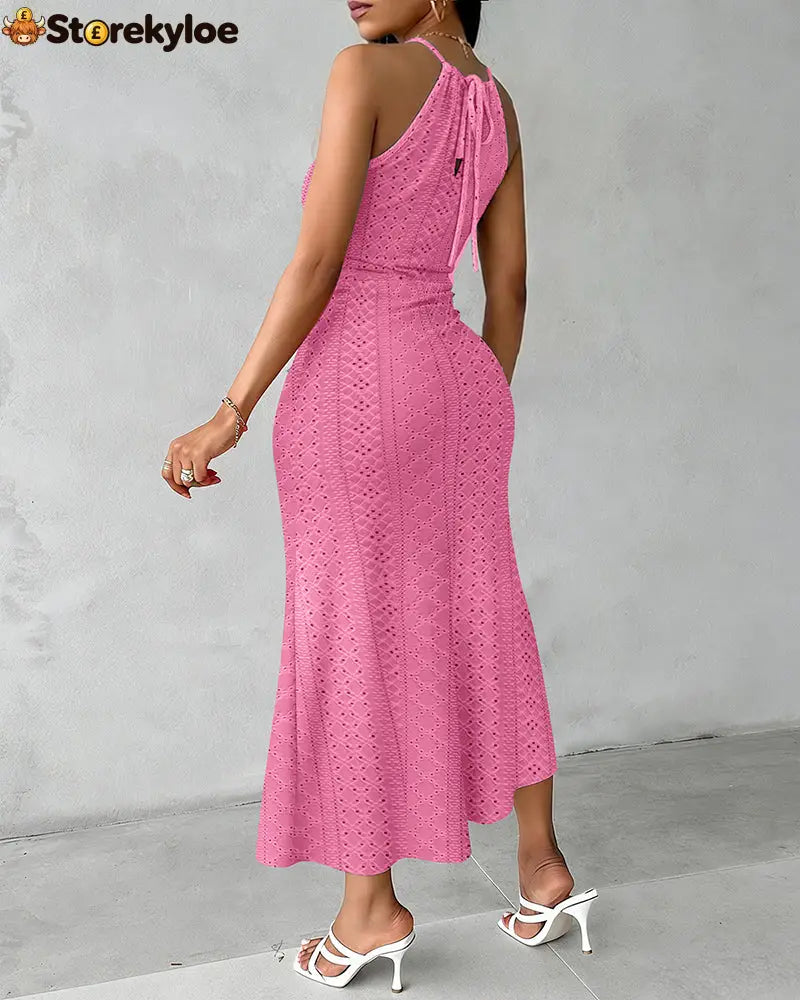 Halter Tie Criss Cross Front Knit Jacquard Textured Slit Dress Casual Hollow-out Draped Vacation Dress