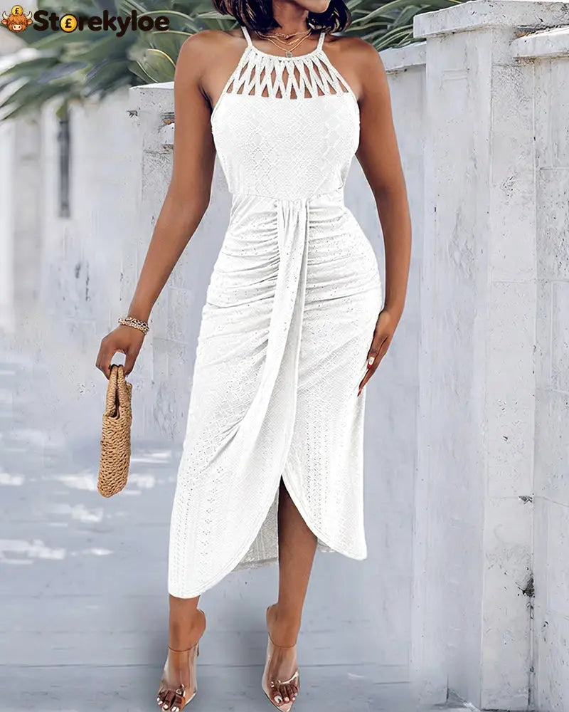 Halter Tie Criss Cross Front Knit Jacquard Textured Slit Dress Casual Hollow-out Draped Vacation Dress