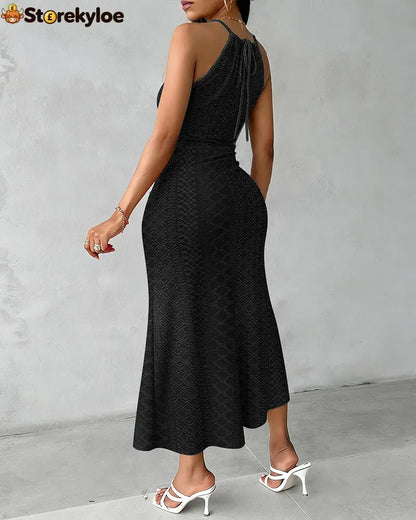 Halter Tie Criss Cross Front Knit Jacquard Textured Slit Dress Casual Hollow-out Draped Vacation Dress